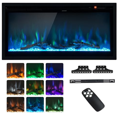 RELAX4LIFE Cheminée Électrique 750W/1500W, Cheminee Decorative avec Effet Flamme 9 Couleurs & 5 Luminosités Réglables, Température 18-28℃, Télécommande, Montage Mural/Encastrable/Autoportant