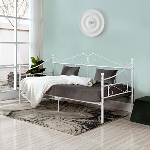 buybyroom Struttura per day bed in metallo 90 x 190 cm, letto singolo con testiera e rete a doghe, letto singolo divano letto day bed per camera da letto, soggiorno, camera degli ospiti, bianco