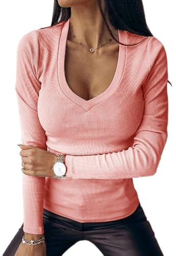 Imily Bela T-Shirt à Manches Longues pour Femme, Sexy, col en V, élégant, côtelé, Coupe ajustée, pour l'automne, Rose, L