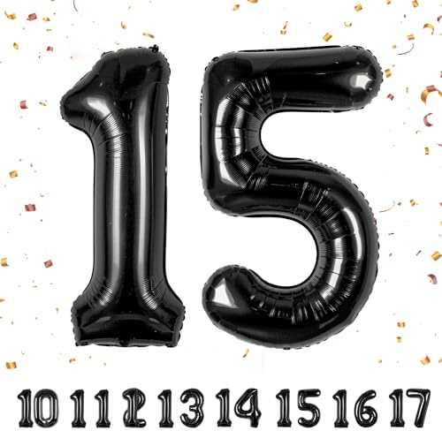 Globos de 15 cumpleaños,Negro 15 pulgadas Globo número, 15 decoraciones de Globo número cumpleaños para hombre y mujer, Globo inflable de lámina de Negro 15