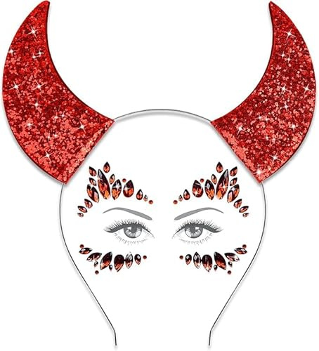 IHLOOTD Bandeau Cornes Diable Pailletées avec Bijoux Visage, Diable Oreilles Bandeau Halloween, Serre-Tête Halloween Diable, pour Halloween Déguisement Cosplay Accessoires Costume Diable (A)