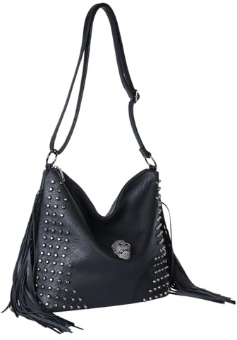 Jywmsc Bolso de Mano Estilo Western con Flecos para Mujer Bandolera de Cuero con Diseño de Calavera Estilo Punk Gótico