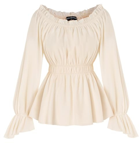 SCARLET DARKNESS Women Medieval Blouse Elastic Waist Tops Long Puff Sleeve Vintage Renaissance Blouses Apricot XXL