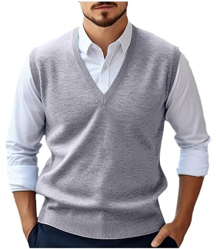 Herr V-ringad stickad tröja väst, mjuk ärmlös pullover tröja, lätt väst i ullblandning, ribbad fåll klassisk stickad väst för män, stretch bekväm lager-topp