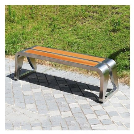 -0227 Utomhusbänk, oregelbunden rygglös parksits, rostfritt stål, träsäte, avkopplingsstol för trädgård, kompakt design för uteplatser och gårdar