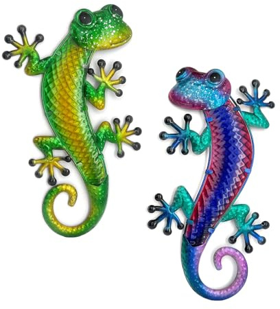 HONGLAND Lizard Metal Wall Art-15 Inch Gecko Wall Decor Hanging Glass Sculpture, 2 Pack Yard Decorations Outdoor for Garden Fence Home