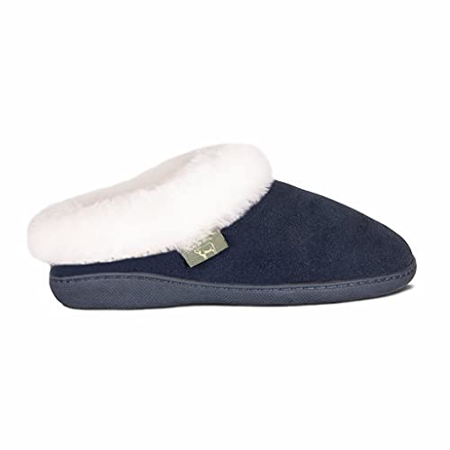 Cloud Nine Women’s Sunrise Sheepskin Scuff - Slip-On Sheepskin Slippers for Women with Durable Suede Upper and Rubber Sole, Navy - 7