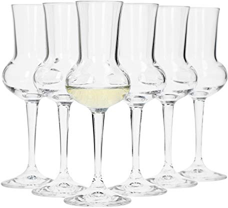 Bormioli - Juego de 6 Vasos de Grappa (Capacidad de 75 ml, Altura Total del Vaso: 16,5 cm, Longitud del Tallo: 5,8 cm, Vaso de Grappa clásico para la Famosa Bebida Italiana)