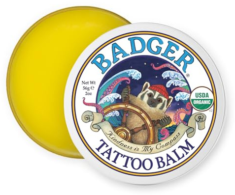 Badger Tattoo Balm, Organic Tattoo Aftercare, Soothing Moisturizing Protecting Healing Tattoo Cream, Light Herbal Sweet Scent, Long Lasting Rich Tattoo Butter, 2 oz Tin