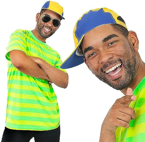Déguisement Bel Air Prince des années 90 avec chemise à manches courtes rayée verte et jaune + casquette de baseball bleue et jaune + lunettes de soleil. Taille : XL