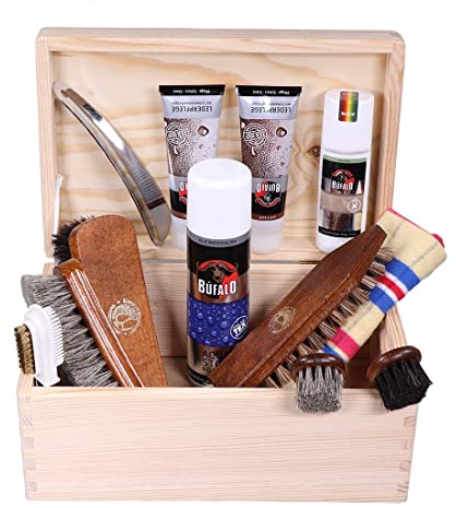 Kit de cirage pour chaussures en cuir 13 pièces – Boîte à cirage Venezia – Brosse creuset en crin de cheval et brosse en crin de cheval extra douce pour le polissage – Kit de brosses
