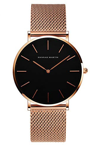 HANNAH MARTIN Orologio da Polso Donna Uomo Ultra Sottile Quarzo Acciaio Inossidabile (Quadrante Nero，Cinturino Oro Rosa)