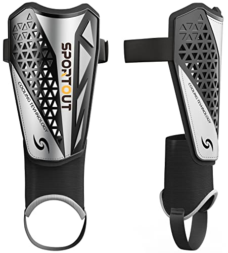 Sportout Kids Jugend Erwachsene Fußball Schienbeinschoner mit schützender Hartschale, bietet umfassenden Schutz für die Beine Ihrer Kinder. (Silber, XL)