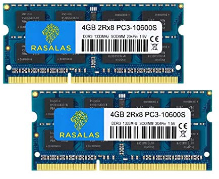 Rasalas 8GB Kit 2X4GB PC3-10600S DDR3 1333MHz Sodimm RAM 2Rx8 Memoria 1.5V 204-Pin CL9 per Apple Mac Portatile Upgrade