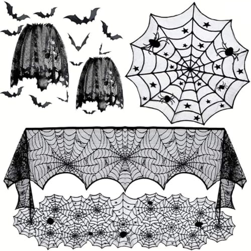 JOERRES 6 st Halloween-dekorationsset, rund bordsduk av halloween-spets, Spooky Bat Spiderweb spets, rektangulär duk, kaminrock halsduk och spiderlampskärm med 12 stycken skrämmande 3D-bat