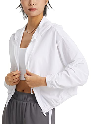 altiland Women's UPF 50+ Sun Protection Cropped Jackets Zip Up Cooling Shirt Athletic Workout Running Hoodie (White, S)