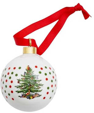 Spode Christmas Tree Polka Dot Bauble - Festive Porcelain Holiday Ornament with Red Ribbon, Hanging Ornament for Holiday Decor - Tree Decorations, Wreaths, Stocking Stuffers