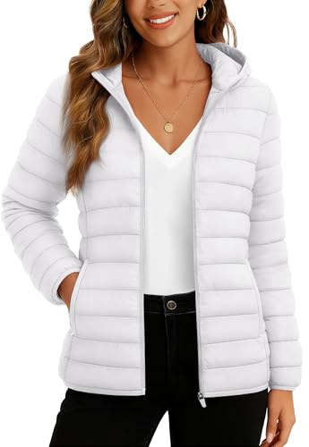 TACVASEN Puffer Jacket for Women Lightweight Quilted Padded Jacket Pockets Jacket Hooded Full Zip Long Sleeve Coat,White L