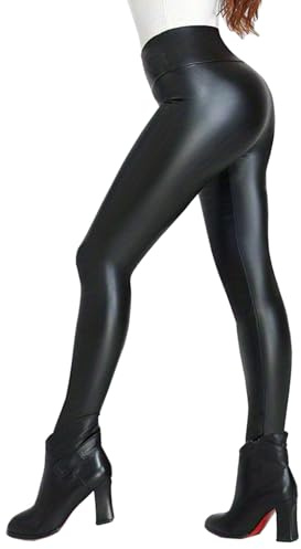 Merlvida Legging Simili Cuir Femme Taille Haute Leggings Femme Hiver Chaud Pantalon en Cuir Noir Sexy Legging Polaire Élastique Grande Taille