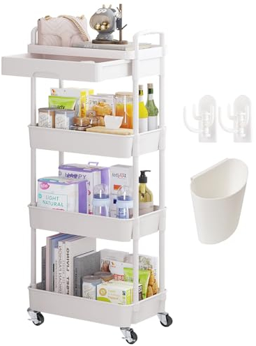 Wuciray Beauty Trolley on Wheels 4 Tier Storage Trolley with Drawer Plastic Beauty Trolleys Rolling Utility Cart for Home Kitchen Bathroom Laundry Office White Storage Trolleys on Wheels