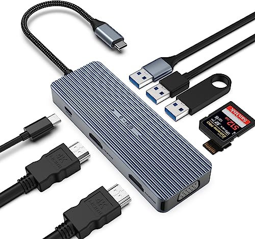 USB C Hub 9 in 1 Triple Display Adapter for MacBook Pro/Air Dual HDMI/VGA, Fast Docking Station for Dell, Surface, HP, Lenovo SD/TF, PD Charging 5Gbps,USB 3.0/2.0