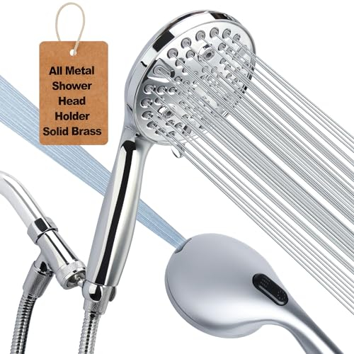 Shower Head Handheld with All Metal Showerhead Holder and Extra Long Hose 6 ft. 10 Spray Mode High Pressure Built-in Power Wash Hand Held Showerhead, Handheld Shower sprayer Premium Chrome 2.5 GPM