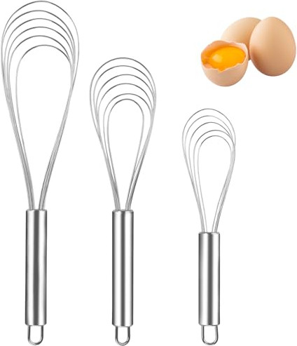 Miruchertter Schneebesen-Set aus Edelstahl, flache Drahtbesen, 20,3 cm, 25,4 cm, 30,5 cm, Schneebesen zum Kochen, Mischen, Rühren, Schlagen und Rühren, 3 Stück, DDQ003