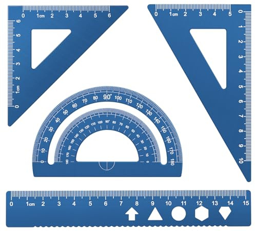 MSDADA Lot de 4 Règles en Alliage D'aluminium - Rapporteur D'angle Triangulaire, Mathématiques, Géométrie - Kit D'outils Pour étudiants, Enseignants, Ingénieurs et Dessinateurs (Bleu)