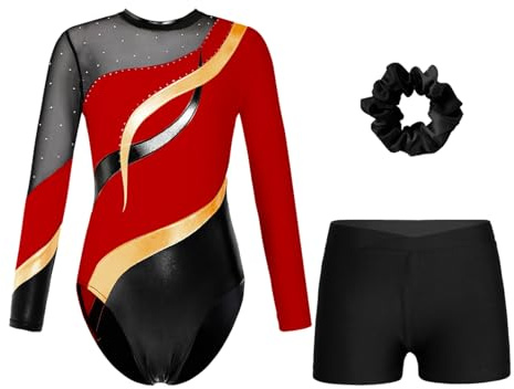 Oyolan Enfant Fille Justaucorps Gymnastique avec Short Ensemble Patinage Danse Gym Tenue Spectacle Costume 5-16 Ans