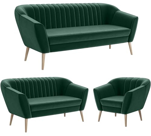 MEBLINI Mini Sofa Set 3-2-1 für Wohnzimmer - Mini Lounge für sechs Personen - Küchensofa - Sofa Klein - Sitzgarnitur - Polstergarnitur - Sofagarnituren - KAIA - 3+2+1 - Grün Samt