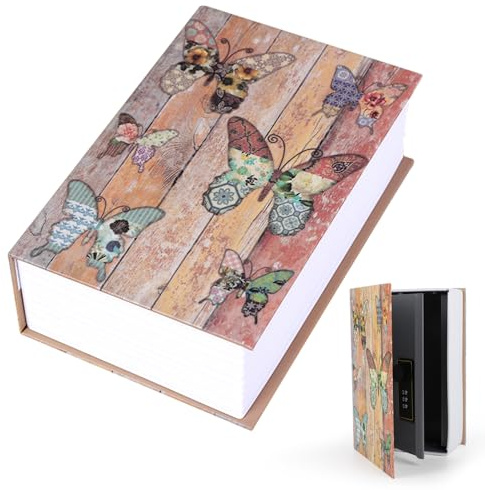 DAJASD Coffre-fort en forme de livre avec serrure à combinaison, 24 x 15,5 x 5,5 cm, coffre-fort pour argent, bijoux, objets précieux, bureau/maison - Papillon