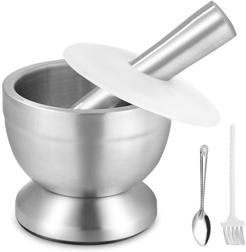 304 Set di Mortaio e Pestello con Pennello, Cucchiaio e Coperchio in Silicone, Macinaspezie di Alta Qualità, Frantoio e Ciotola per Erbe, Mortaio Pesto Perfetto per Macinare, Mescolare e Conservare