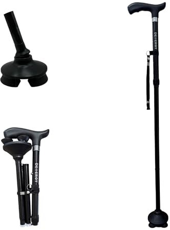 DEMERGY® Bastone Pieghevole, Bastone Estensibile, 5 Livelli di Altezza Regolabile, Bastone Leggero e Portatile da Viaggio con Cinturino e Manico a T per Anziani e Disabili, Base Girevole