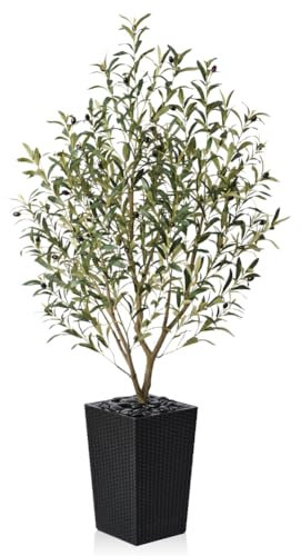 VeriNatural Fake Olive Tree 150cm Tall Artificial Plant Indoor - Faux Tree with 991 Leaves & 46 Fruits - UV Resistant Large Decorative Black Pot Plants for Home Office Living Room Outdoor, VN132