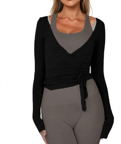 Women Wrap Tie Top Y2k Long SLeeve Ballet Workout Yoga Shirt Coquette Blouses (US, Alpha, Small, Regular, Regular, Black)
