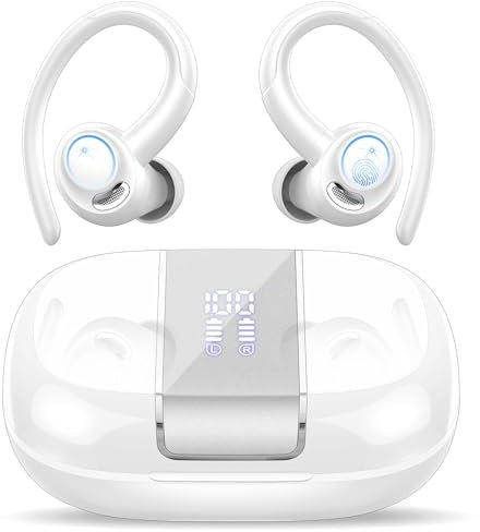 VKROBAG Wireless Earbuds, Bluetooth 5.3 Headphones with ENC Noise Canceling Mic, 48H Sport Ear Buds with Earhooks, 3D Stereo, LED Display, IPX7 Waterproof Wireless Earphones for Gym, Running, White