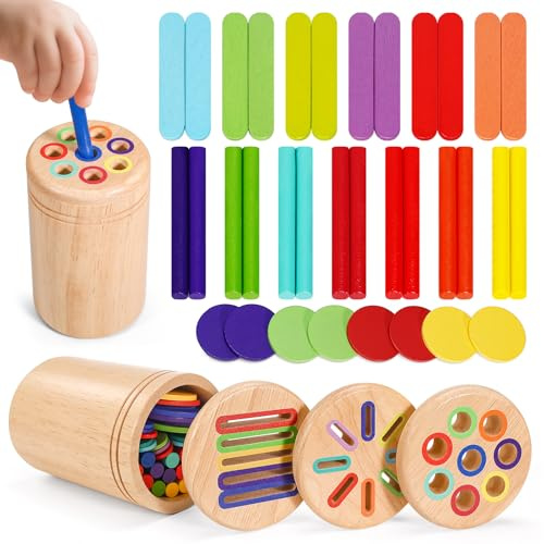 Mexgcom Jeux Montessori 3 en 1 Jouet, Jouets Enfant 1 2 3 Ans, Jouet en Bois Éducatif avec Activités de Tri Sensoriel, Apprendre Les Couleurs Jeu Educatif avec Sac de Rangement