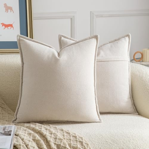 Madizz Juego de 2 Suave Chenilla Decorativo Funda de cojíns con Borde Neutras Fundas de Almohada Boho para Sofá Dormitorio Salón Beige Cuadrado 50 x 50 cm