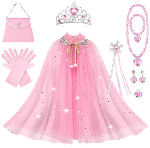 AOOWU Mantello da Principessa Bambina, 11 Pezzi Mantello di Tulle Glitter per Ragazze, Costume da Principessa con Corona, Bacchetta, Collana, Anello, Orecchini, per Feste, Giochi di Ruolo, Halloween