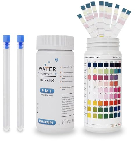 200Pcs Test Durezza 9 in 1 Acqua Test Acqua Acquario Test Acquario Kit Durezza Acqua Misura PH, Durezza Dell'acqua, Cloro, Nitriti, Nitrati, Alcalinità Totale e Carbonati con 2 provette