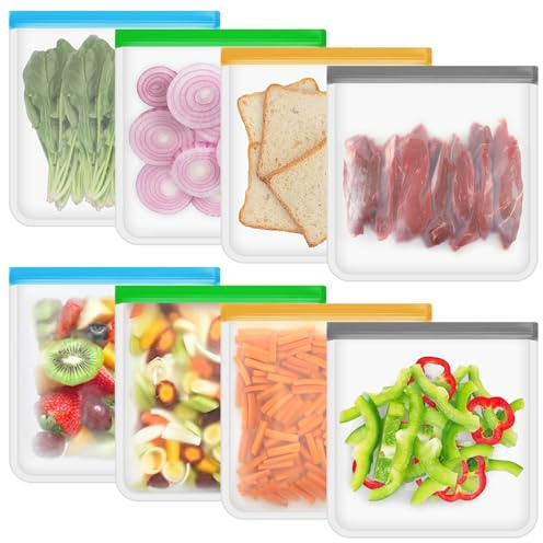 8Pcs Reusable Freezer Bags, Zip Lock Bags Large, Reusable Sandwich Bags, Leakproof Gallon Food Storage Pouches, BPA Free for Vegetables, Fruits, Sandwiches, Meat, 27.5 x 27cm