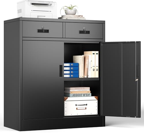 Aktenschrank, Mehrzweckschrank, Büroschrank mit 2 Türen, Schrank abschließbar, Aufbewahrungsschrank Stahl, 2 Schublade und 1 Verstellbarer Einlegeboden für Büro, Garage(Schwarz,90 * 80 * 40)