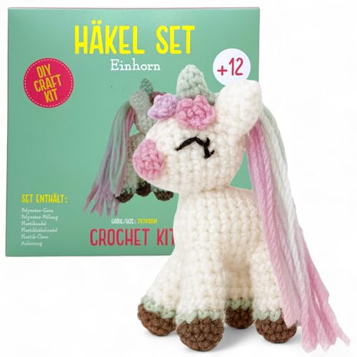 MIJOMA Set all'uncinetto con animali per principianti ed esperti, kit fai da te Amigurumi all'uncinetto con istruzioni, lana, aghi e accessori, pacchetto all'uncinetto per bambini e adulti (unicorno