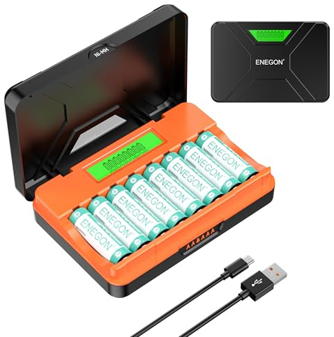 ENEGON Chargeur Rapide 8 Logements pour Piles AA/AAA avec Écran LCD + 8 Piles AA Ni-MH (2400mAh), Station de Charge et Stockage USB-C – pour Jouets, Souris et Électronique