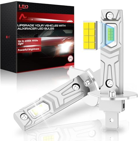 AUXIRACER Lampadine H1 LED, 30000LM Lampade Fari per Auto o Moto 12V, H1 LED Dimensioni Mini 1:1, 500% luminosità 6500K Luce Bianca Plug and Play, Pacco da 2