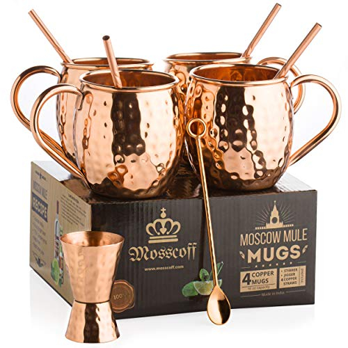 Moscow Mule Becher 4er Set – Reines massives Kupfer – 4 x 470 ml kupferbecher - Moskau Mule Cocktail Komplettset – Hochzeitsgeschenk zum 7. Jahrestag – Kupferhochzeitsgeschenk