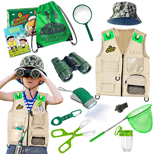 Juego de investigador y atrapabichos, con chaleco, prismáticos, lupa, red de mariposas, sombrero y mochila, set de regalo para niños de 3 a 10 años