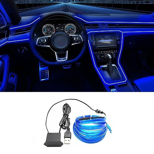 EL Wire Interior Car LED Strip Lights, 16.5FT USB Neon Glowing Strobing El Wire Strip with 6mm Sewing Edge, Ambient Lighting Kits for Car Inside Decorations (Blue)