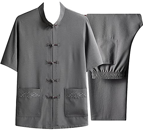 HONGBI Männer Tang-Anzug aus Eisseide Hanfu Kung-Fu-Hemd-Outfit Tai Chi Kung Fu Trainingsanzug Kurzarm-Oberteile Hemden & Hosen Traditionelles Chinesisches Kostüm Kampfsportbekleidung Dunkelgrau L