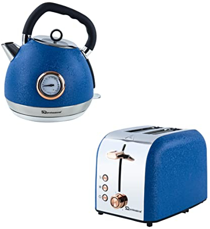 SQ Professional Epoque Breakfast Set 2pc Kettle with Rose Gold Features & Temperature Display 2200W - 2 Slice Toaster with Rose Gold Features, High-Lift, Wide Slots & 6 Browning levels 900W (Blue)